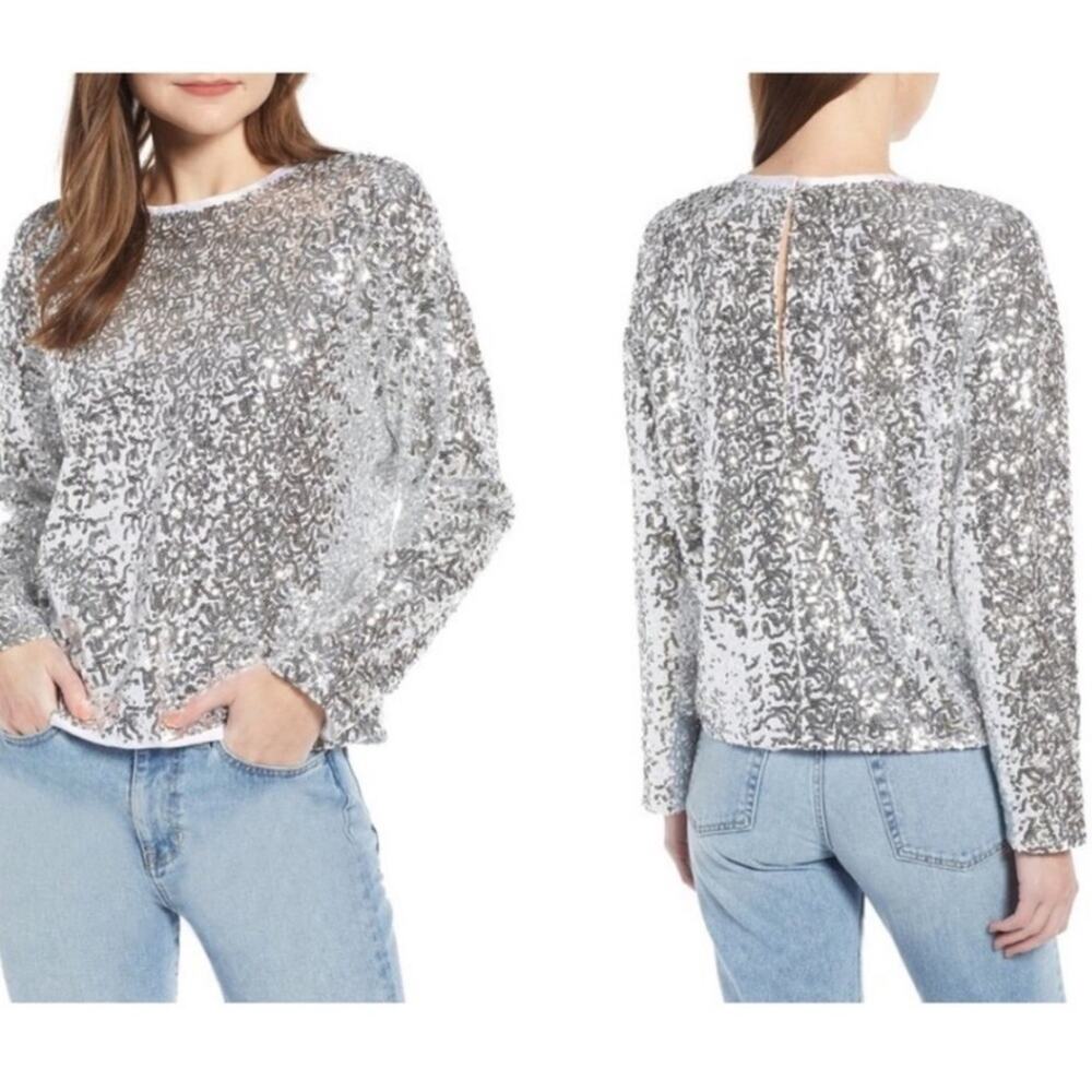 Something Navy All Over Silver Sequin Long Sleeve Blouse - Picture 6 of 7